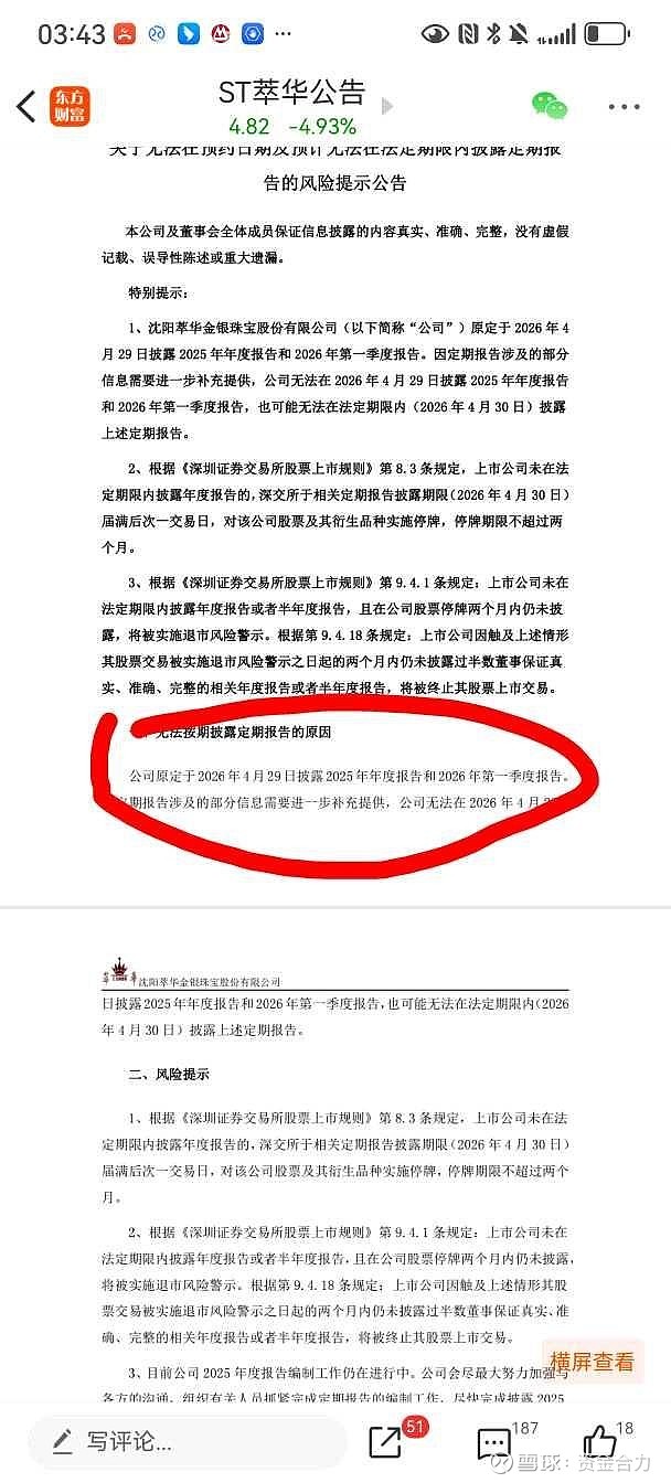 ST萃华：股东深圳翠艺及一致行动人所持约1797万股被轮候冻结
